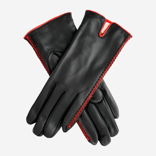 CA0422 (black/red) - Women's lambskin cashmere lined leather gloves with decorative side accents