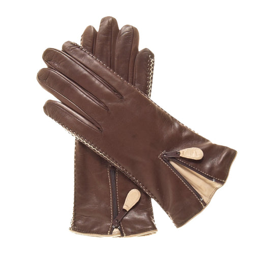 CA0547 (brown) - Women's lambskin cashmere lined leather gloves with zipper