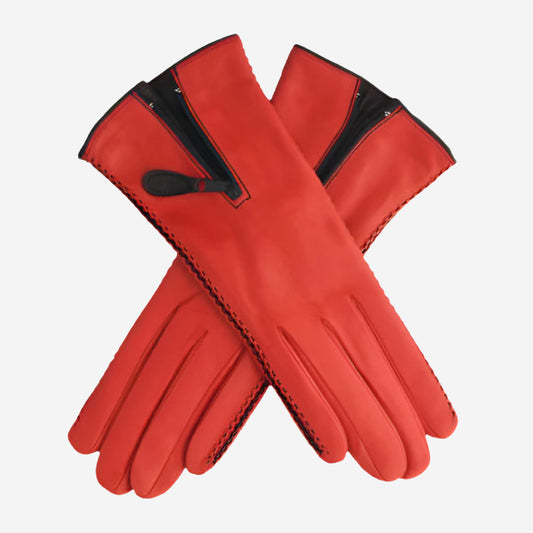 CA0547 (red) - Women's lambskin cashmere lined leather gloves with zipper