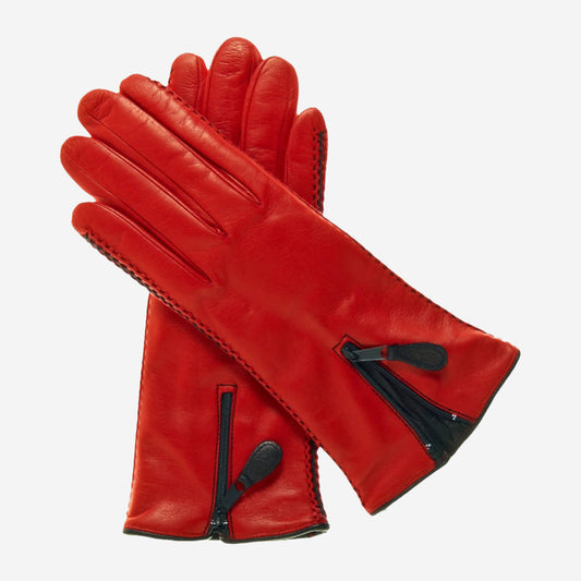 CA0547 (red) - Women's lambskin cashmere lined leather gloves with zipper