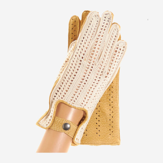 CA4620 (tan) - Women's crochet and carpincho leather driving gloves