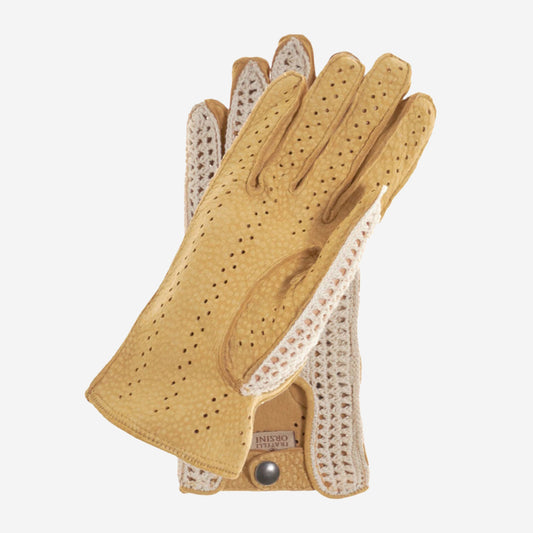 CA4620 (tan) - Women's crochet and carpincho leather driving gloves
