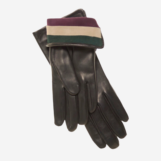 CA4662 (black) - Women's Italian cashmere lined leather gloves with multi-color inner cuff