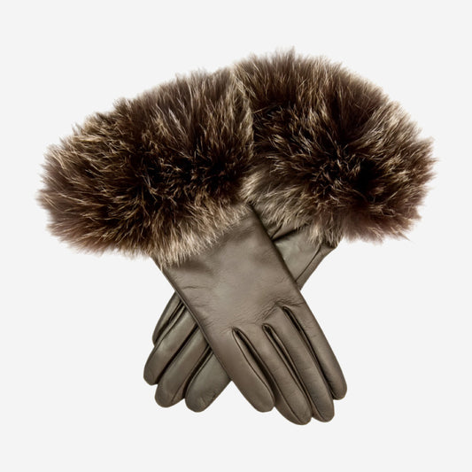 CC4066 (brown) - Women's Italian Fox Fur Cuff Cashmere Lined Leather Gloves
