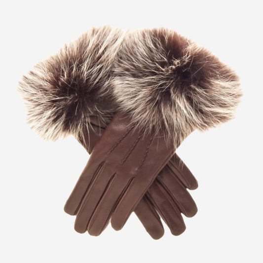 CC4066 (brown) - Women's Italian Fox Fur Cuff Cashmere Lined Leather Gloves