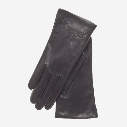 CC4101 (Schwarz) - Italienische Damen Lederhandschuhe mit Kaschmirfutter und Blumenakzenten