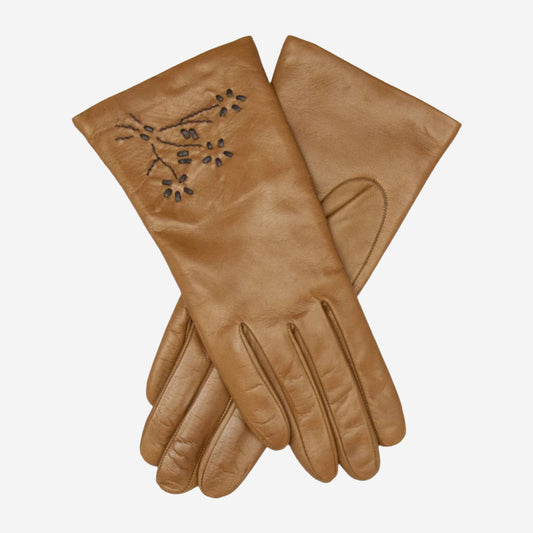 CC4101 (brown) - Women's Italian Cashmere Lined Leather Gloves with Floral Accents