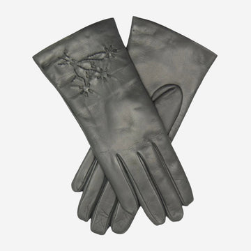 CC4101 (charcoal) - Women's Italian Cashmere Lined Leather Gloves with Floral Accents