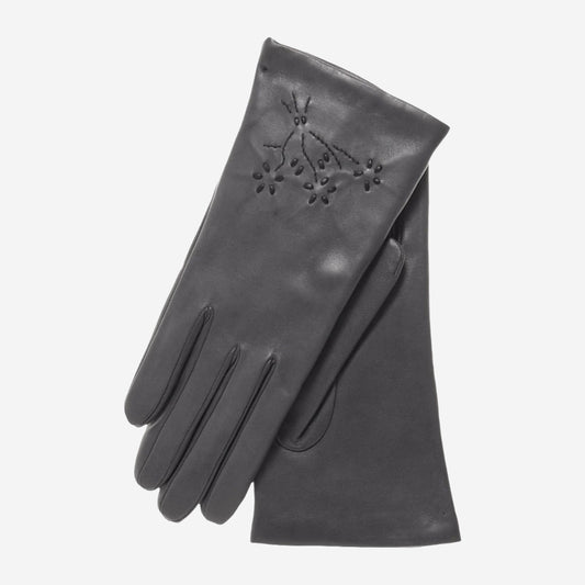 CC4101 (charcoal) - Women's Italian Cashmere Lined Leather Gloves with Floral Accents