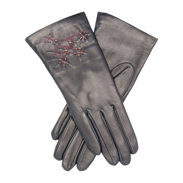 CC4101 (navy) - Women's Italian Cashmere Lined Leather Gloves with Floral Accents