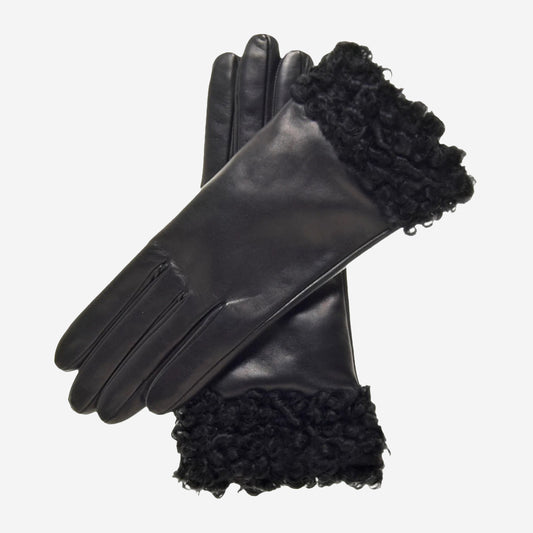 CC4172 (schwarz/silber) – Damen Lederhandschuhe mit Kaschmirfutter und Persianer-Manschetten