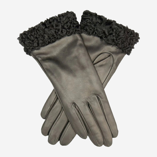 CC4172 (schwarz/silber) – Damen Lederhandschuhe mit Kaschmirfutter und Persianer-Manschetten
