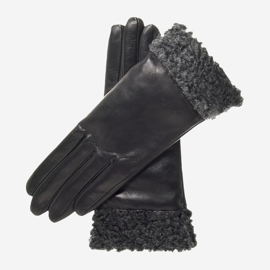 CC4172 (Schwarz) - Damen Lederhandschuhe mit Kaschmirfutter und Persianer-Stulpen