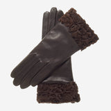 CC4172 (brown) - Women's Cashmere Lined Leather Gloves with Persian Lamb Cuffs