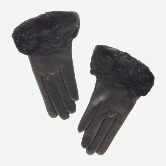 CC4327 (black) - Women’s Lambskin Winter Gloves Cashmere Lined with Rabbit Fur Cuff