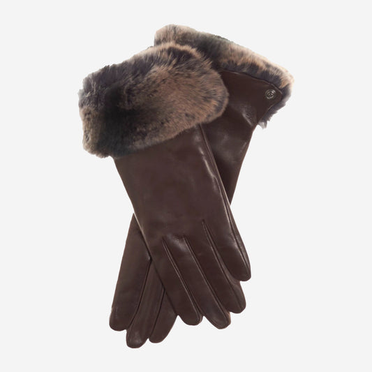 CC4514 (brown) - Women's Italian Rex Rabbit Fur Cuff Lambskin Gloves