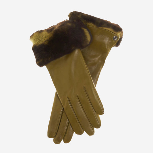 CC4514 (moss) - Women's Italian Rex Rabbit Fur Cuff Lambskin Gloves
