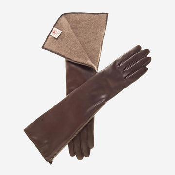 CC4879W8 (braun) - Ellenbogenlange, italienische, mit Kaschmir gefütterte Handschuhe mit seitlichem Reißverschluss