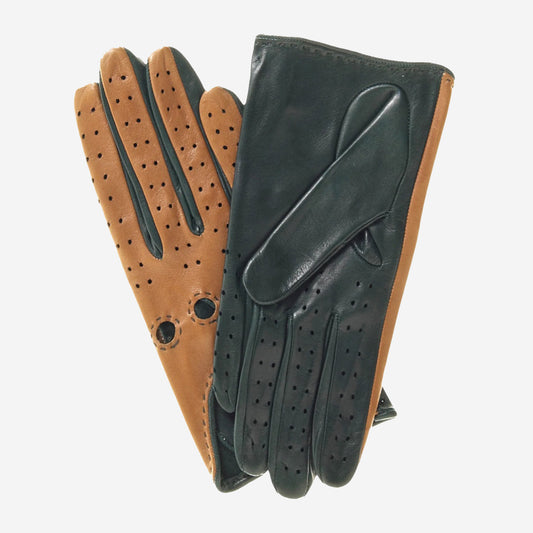 CD4363 (camel/forest) - Women's Two-tone Italian Leather Driving Gloves