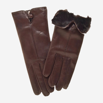 CR4302 (Braun) - Italienische Damen-Kaninchenfellhandschuhe mit Knopf