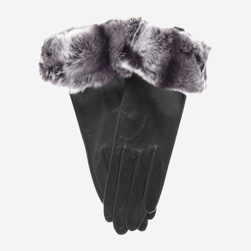 CR4405 (schwarz) - Italienische Winterlederhandschuhe für Damen mit Kaninchenfellstulpen