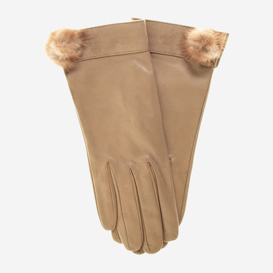 CS4033 (beige) - Women's Italian silk lined lambskin leather gloves with mink pompom