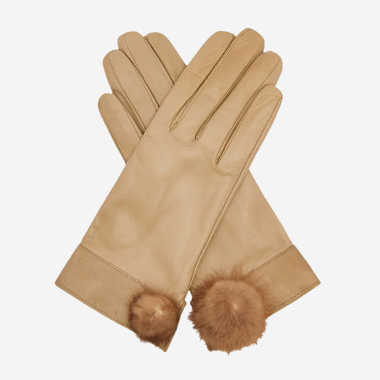 CS4033 (beige) - Women's Italian silk lined lambskin leather gloves with mink pompom