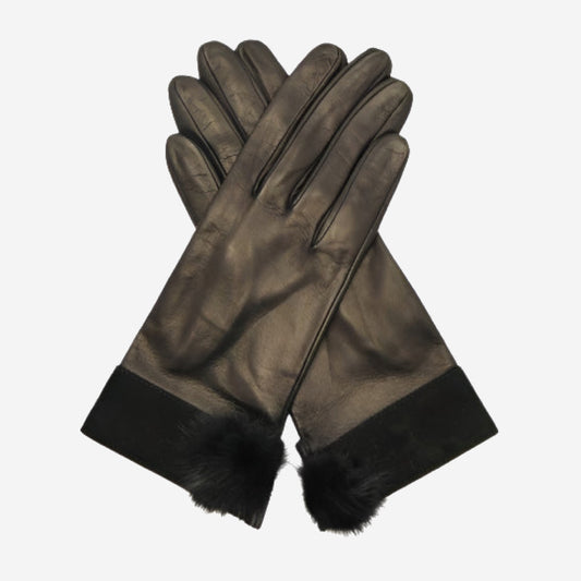 CS4033 (black) - Women's Italian silk lined lambskin leather gloves with mink pompom