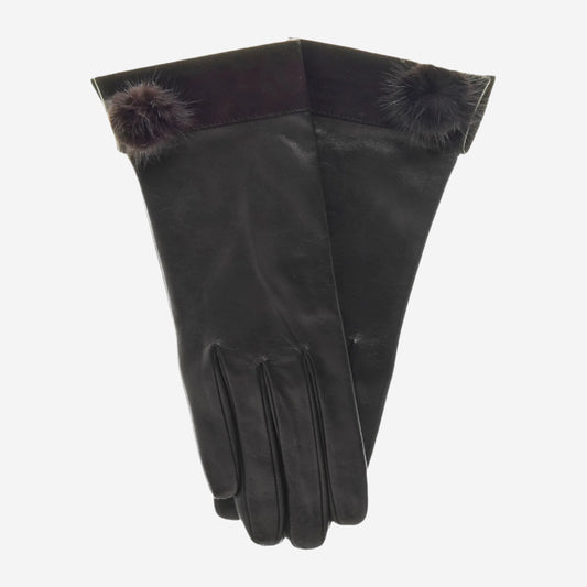 CS4033 (black) - Women's Italian silk lined lambskin leather gloves with mink pompom