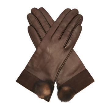 CS4033 (braun) - Damen Handschuhe aus italienischem Seidenlammleder mit Nerzpompon