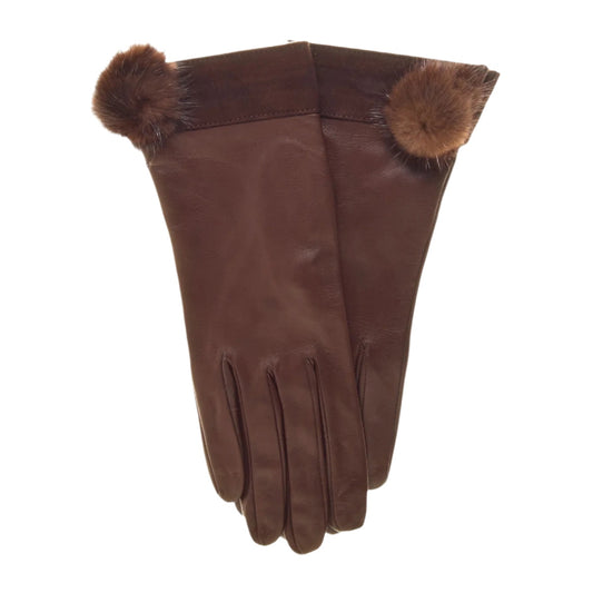 CS4033 (brown) - Women's Italian silk lined lambskin leather gloves with mink pompom