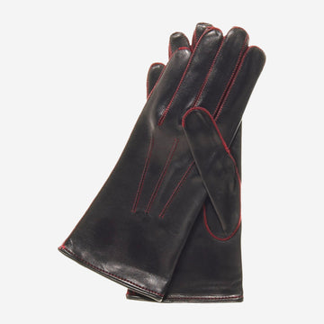 CS4175 (Schwarz/Rot) - Italienische Damen-Lederhandschuhe mit Seidenfutter und kontrastierenden Ziernähten