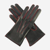 CS4175 (Schwarz/Rot) - Italienische Damen-Lederhandschuhe mit Seidenfutter und kontrastierenden Ziernähten