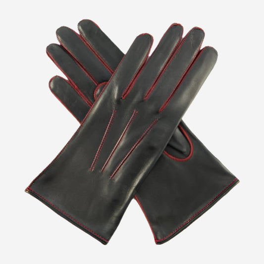 CS4175 (black/red) - Women's Italian Silk Lined Leather Gloves with Contrast Decorative Stitching