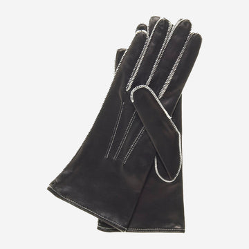 CS4175 (Schwarz/Weiß) - Damen italienische Seidenfutter Lederhandschuhe mit kontrastierenden Ziernähten