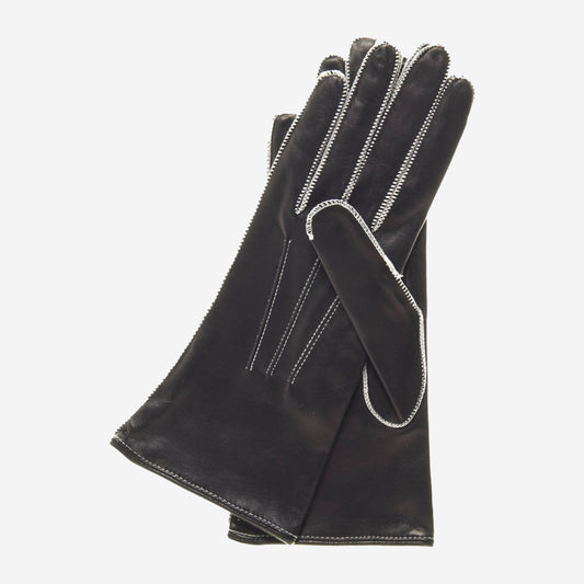 CS4175 (black/white) - Women's Italian Silk Lined Leather Gloves with Contrast Decorative Stitching
