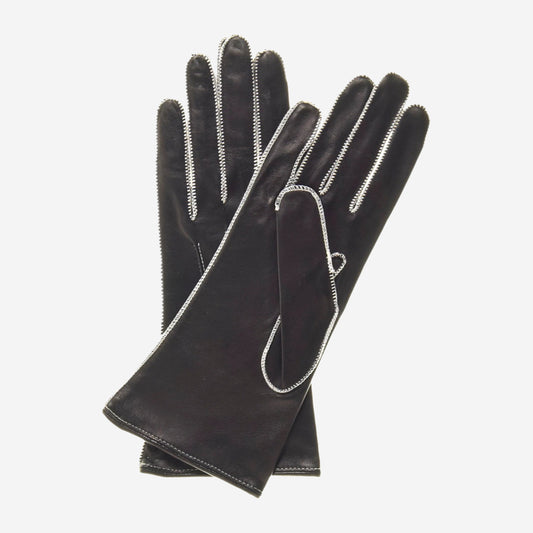 CS4175 (black/white) - Women's Italian Silk Lined Leather Gloves with Contrast Decorative Stitching