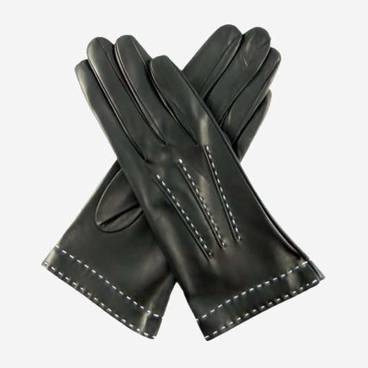 CS4204 (black) - Women's Italian Silk Lined Leather Gloves with Contrast Decorative Stitching