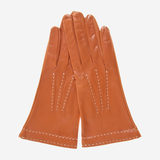 CS4204 (medium brown) - Women's Italian Silk Lined Leather Gloves with Contrast Decorative Stitching