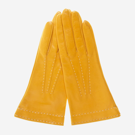 CS4204 (mustard) - Women's Italian Silk Lined Leather Gloves with Contrast Decorative Stitching