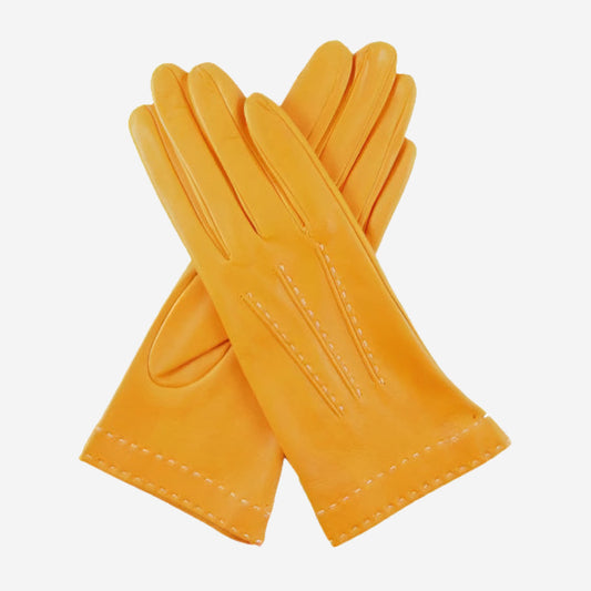 CS4204 (mustard) - Women's Italian Silk Lined Leather Gloves with Contrast Decorative Stitching