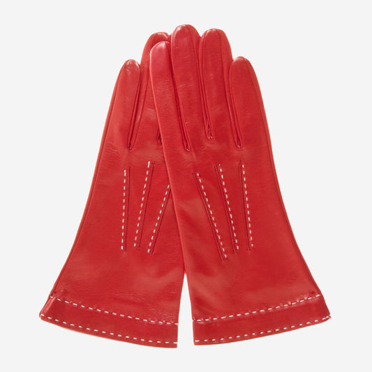 CS4204 (red) - Women's Italian Silk Lined Leather Gloves with Contrast Decorative Stitching