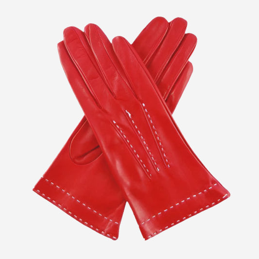 CS4204 (red) - Women's Italian Silk Lined Leather Gloves with Contrast Decorative Stitching