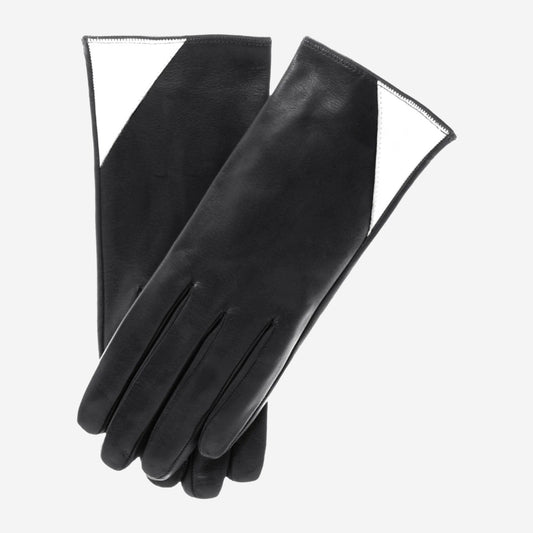 CS4414 (black/white) - Women's Italian Color Blocking Silk Lined Leather Gloves