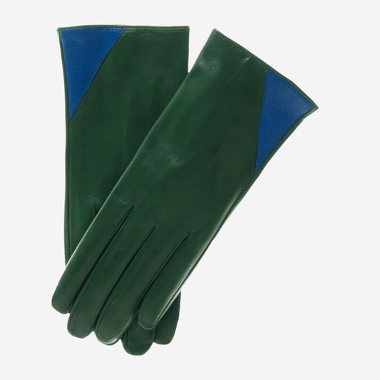 CS4414 (green/blue) - Women's Italian Color Blocking Silk Lined Leather Gloves