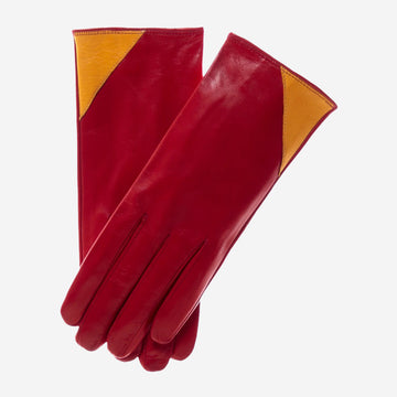 CS4414 (red/yellow) - Women's Italian Color Blocking Silk Lined Leather Gloves
