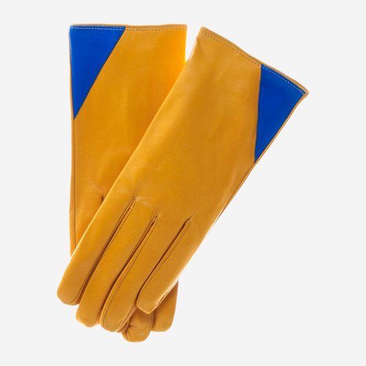 CS4414 (yellow/blue) - Women's Italian Color Blocking Silk Lined Leather Gloves