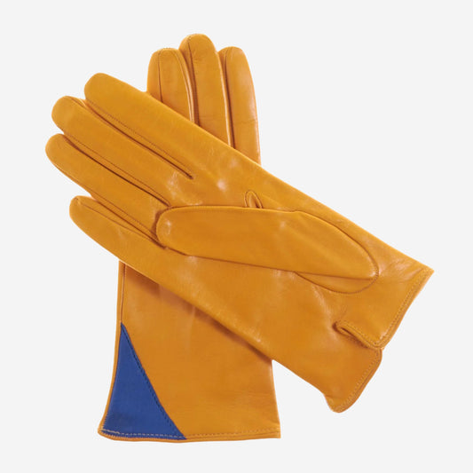 CS4414 (yellow/blue) - Women's Italian Color Blocking Silk Lined Leather Gloves
