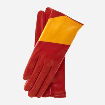 CS4416 (red/yellow) - Women's Italian Color Block Silk Lined Leather Gloves