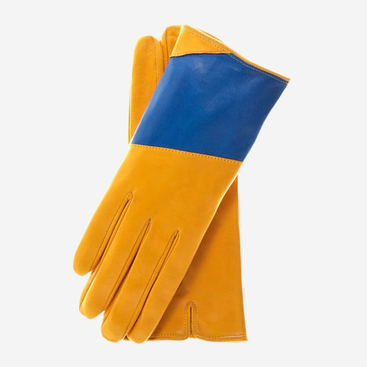 CS4416 (yellow/blue) - Women's Italian Color Block Silk Lined Leather Gloves